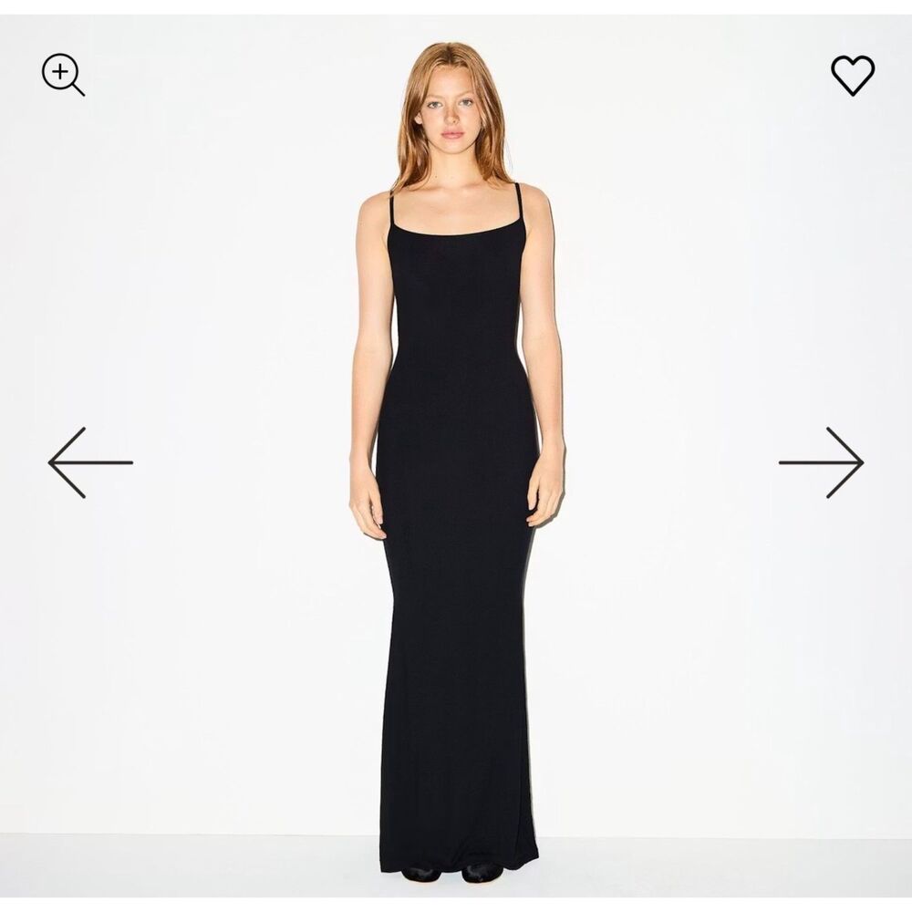 Skims Black Ribbed Maxi Tank Slip Dress M Bodycon Square Neck Fitted Soft Onyx